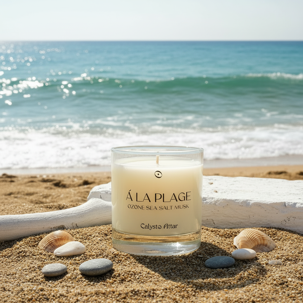 Á LA PLAGE candle with waves in the image